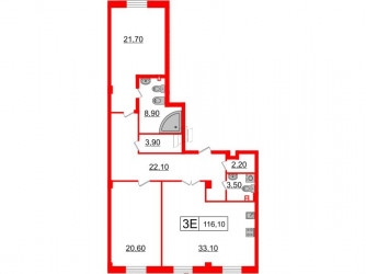 Двухкомнатная квартира 116.1 м²